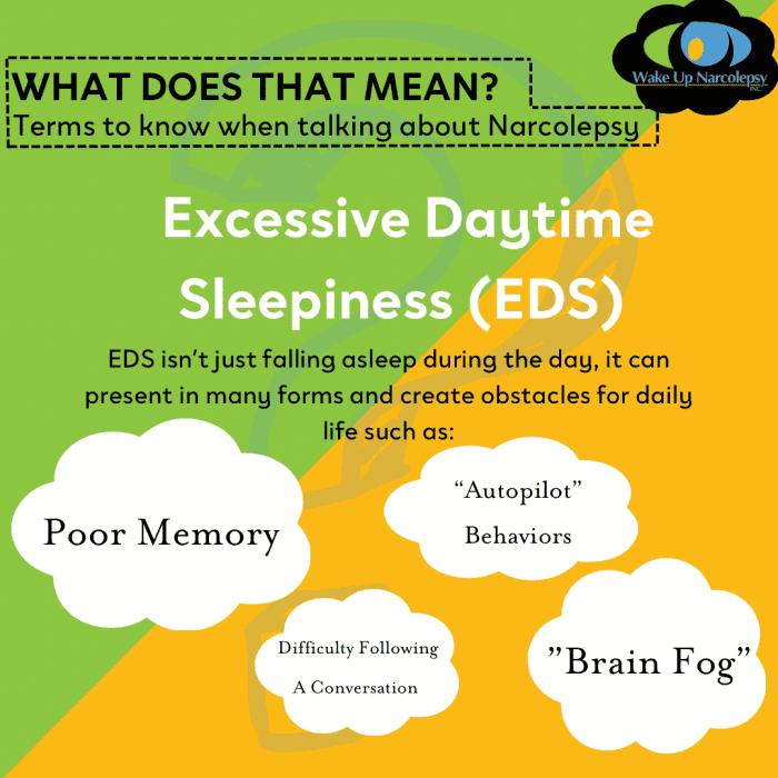 Excessive Daytime Sleepiness - EDS isn't just falling asleep during the day, it can present in other forms and create obstacles for daily life such as: poor memory, brain fog, automatic behaviors, difficulty following a conversation
