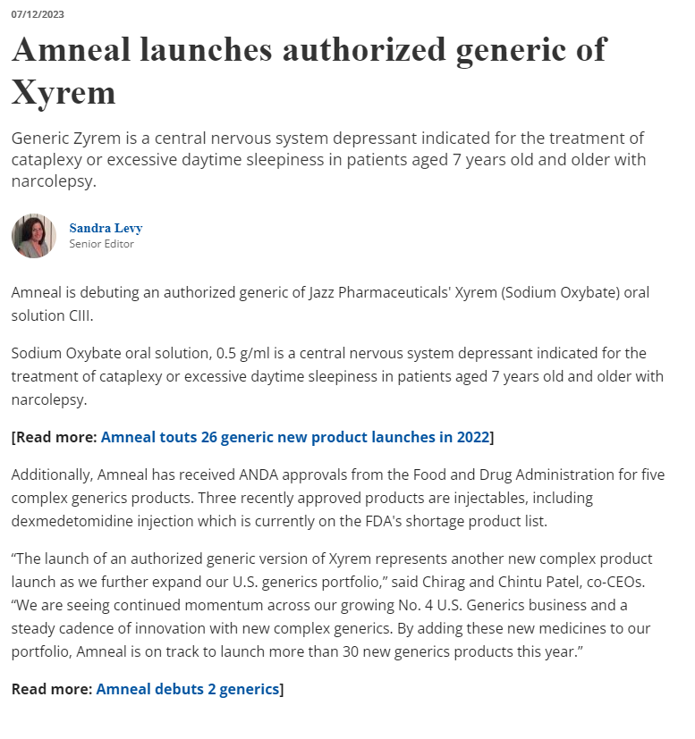 Amneal Launches Authorized Generic of Xyrem