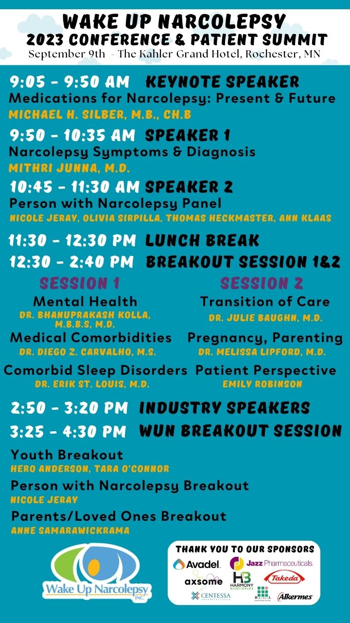 Conference Schedule for 2023 Wake Up Narcolepsy National Conference & Patient Summit in Rochester, Minnesota