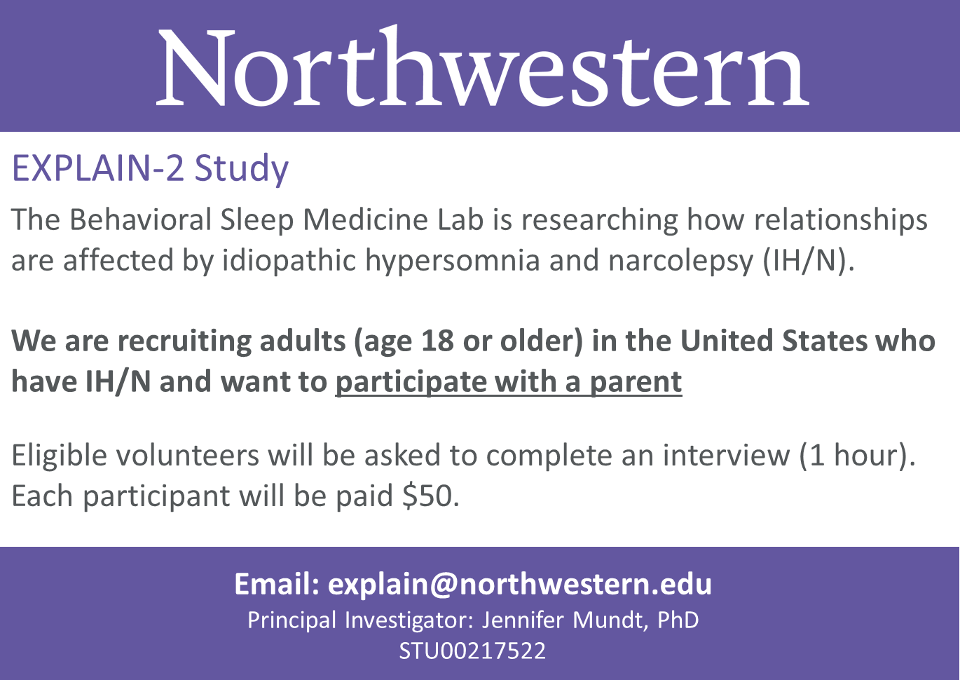 Northwestern Explain-2 Study Description - Email explain@northwestern.edu to learn more